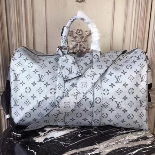Louis Vuitton Monogram Macassar Canvas Keepall 45CM Strap M43817 Silver