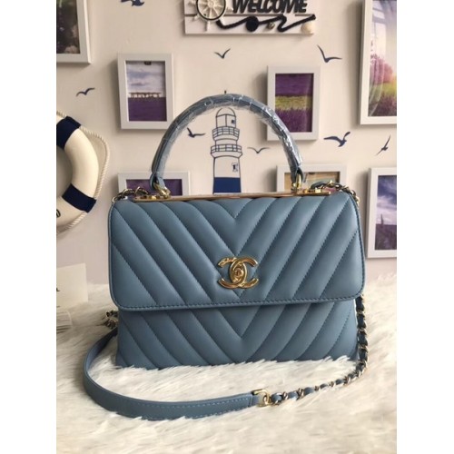 Chanel Original Sheepskin Leather Tote Bag A92236 light blue Gold Buckle