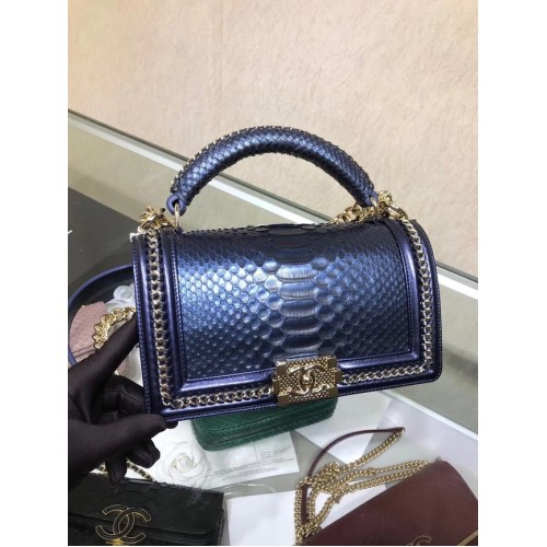 BOY CHANEL Flap Bag with Handle Python Ruthenium-Finish Metal A94804 blue