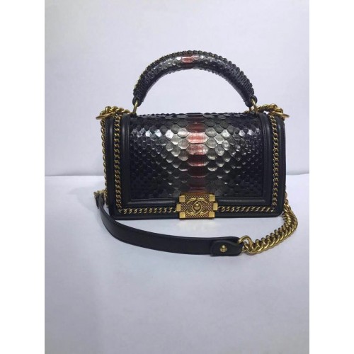 BOY CHANEL Flap Bag with Handle Python Ruthenium-Finish Metal A94804 black