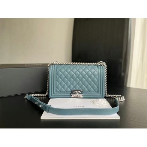 BOY CHANEL HANDBAG Calfskin Silver-Tone Metal A67086 Light Blue