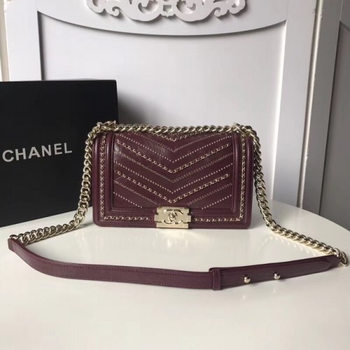BOY CHANEL Handbag Crumpled Calfskin Gold-Tone Metal A67086 Burgundy