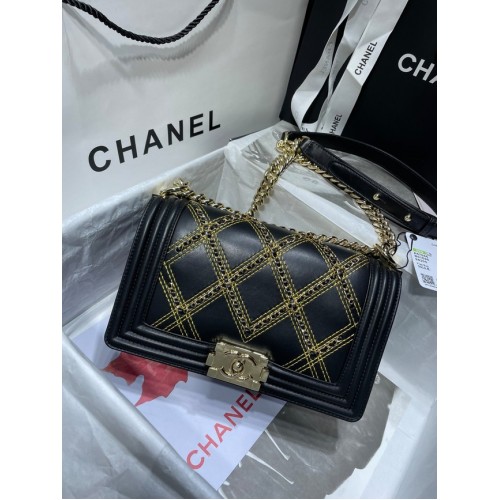 BOY CHANEL Handbag Crumpled Calfskin Gold-Tone Metal A67086 black