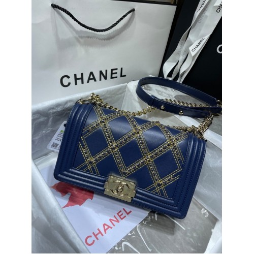 BOY CHANEL Handbag Crumpled Calfskin Gold-Tone Metal A67086 dark blue
