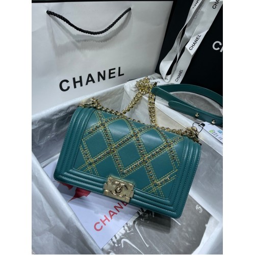 BOY CHANEL Handbag Crumpled Calfskin Gold-Tone Metal A67086 green