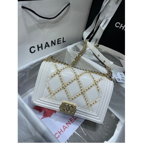 BOY CHANEL Handbag Crumpled Calfskin Gold-Tone Metal A67086 white