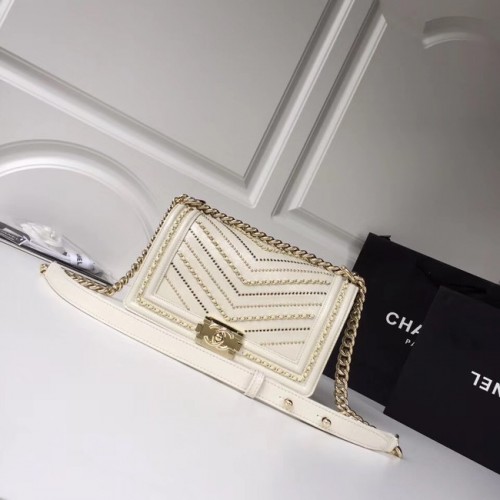 BOY CHANEL Handbag Crumpled Calfskin Gold-Tone Metal A67086 white