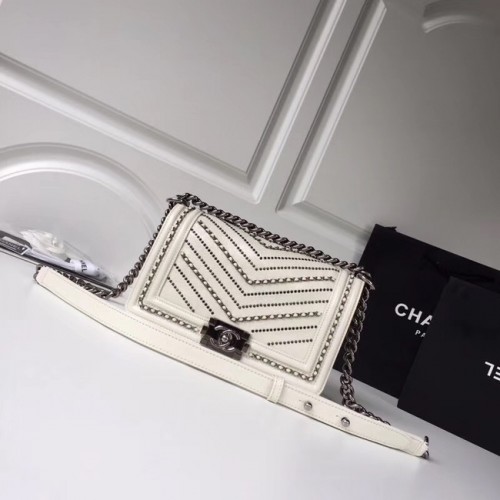 BOY CHANEL Handbag Crumpled Calfskin silver-Tone Metal A67086 white