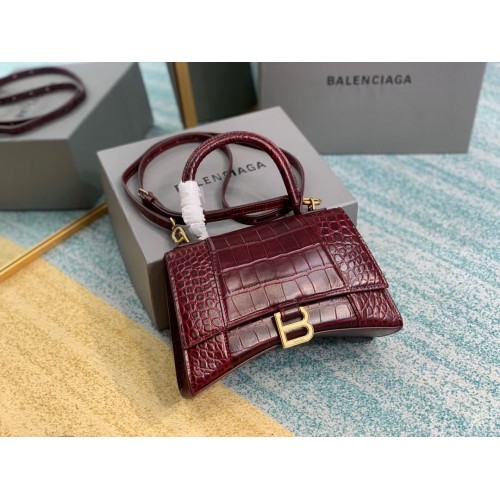 Balenciaga HOURGLASS SMALL TOP HANDLE BAG crocodile embossed calfskin B108895E Burgundy
