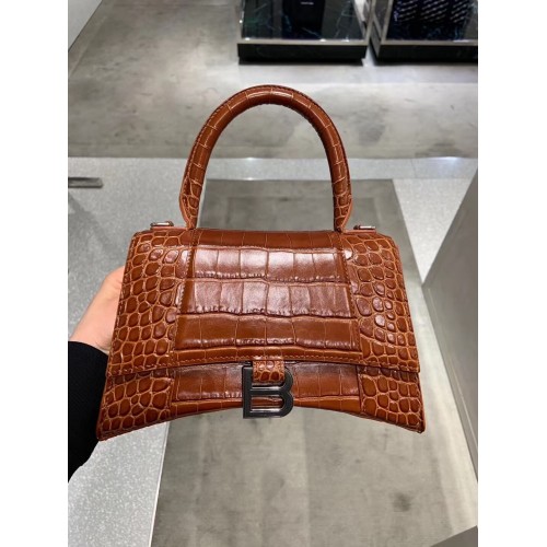 Balenciaga HOURGLASS SMALL TOP HANDLE BAG crocodile embossed calfskin B108895E brown