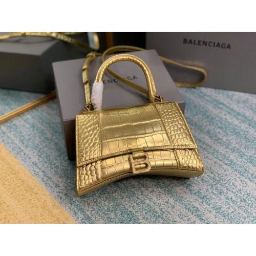 Balenciaga HOURGLASS SMALL TOP HANDLE BAG crocodile embossed calfskin B108895E gold