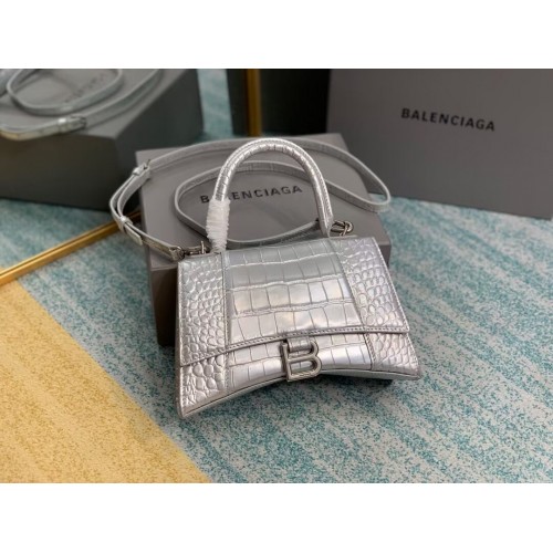 Balenciaga HOURGLASS SMALL TOP HANDLE BAG crocodile embossed calfskin B108895E silver