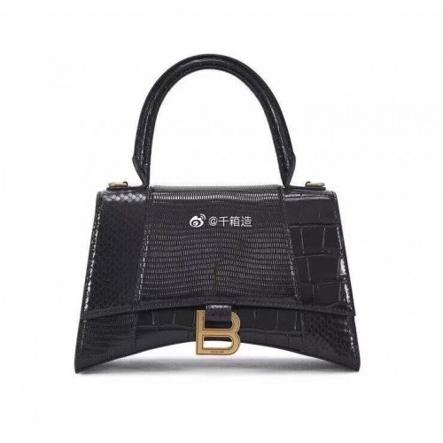 Balenciaga Hourglass Small Top Handle Bag crocodile embossed calfskin B108891E black