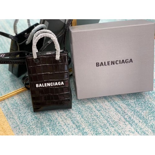 Balenciaga Original shiny crocodile embossed leather Mini Shopper Bag B152865 black