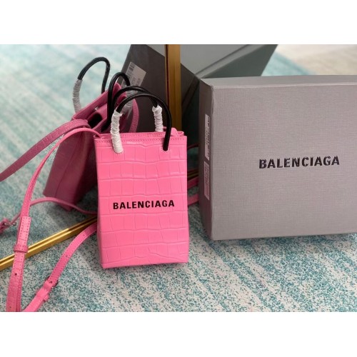 Balenciaga Original shiny crocodile embossed leather Mini Shopper Bag B152865 pink