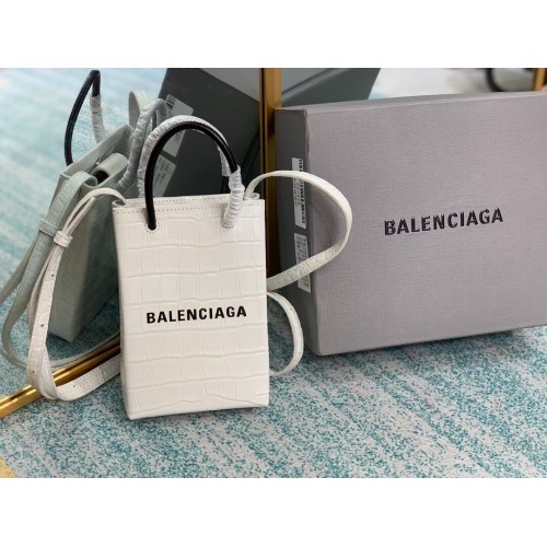 Balenciaga Original shiny crocodile embossed leather Mini Shopper Bag B152865 white