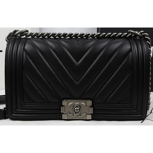 Boy Chanel Flap Bag Calfskin Chevron Quilting A67025 Black