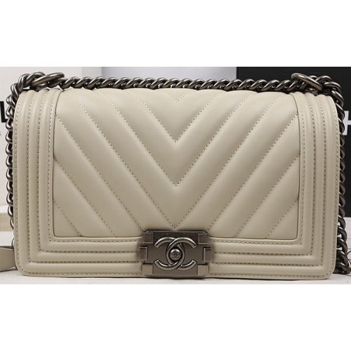 Boy Chanel Flap Bag Calfskin Chevron Quilting A67025 OffWhite