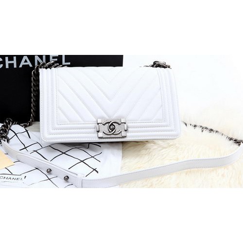 Boy Chanel Flap Bag Calfskin Chevron Quilting A67086 White