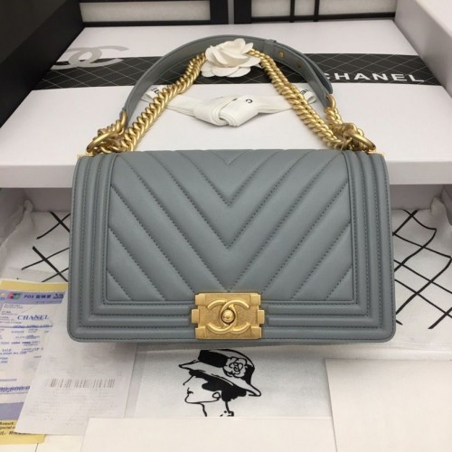 Boy Chanel Flap Bag Original Chevron Leather Gray A67086V Frosted Golden Buckle