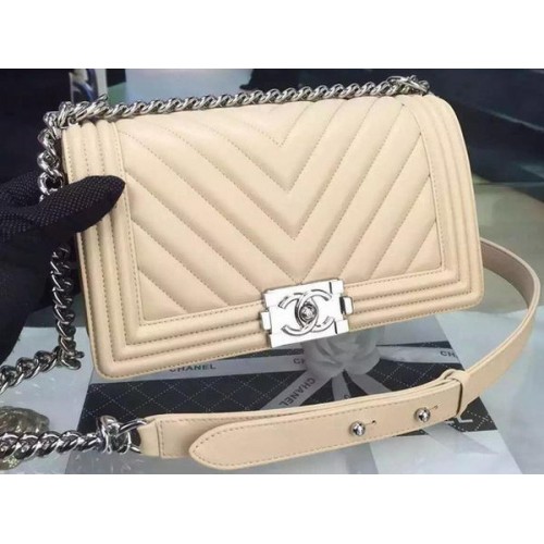 Boy Chanel Flap Bag Original Chevron Nubuck Leather A5708 Apricot