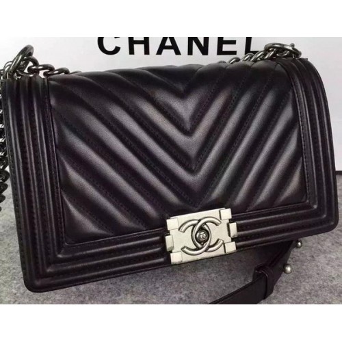 Boy Chanel Flap Bag Original Chevron Nubuck Leather A5708 Black