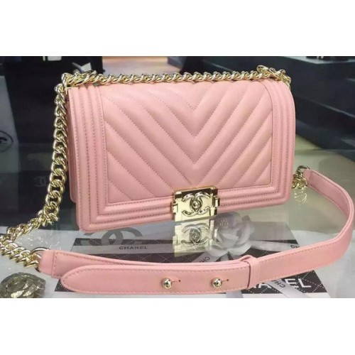 Boy Chanel Flap Bag Original Chevron Pink Nubuck Leather A5708 Gold