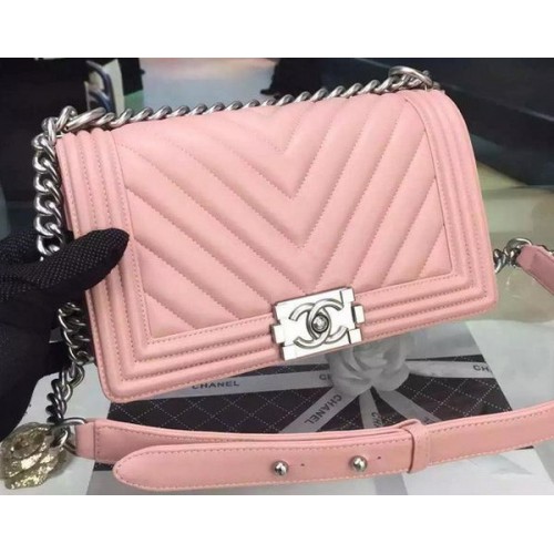 Boy Chanel Flap Bag Original Chevron Pink Nubuck Leather A5708 Silver