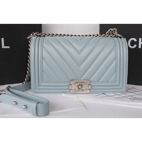 Boy Chanel Flap Bag Original Chevron Sheepskin A67025 Light Blue