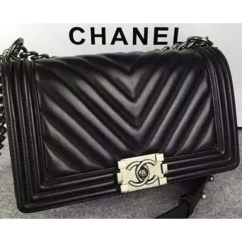 Boy Chanel Flap Bag Original Chevron Sheepskin Leather A5708 Black