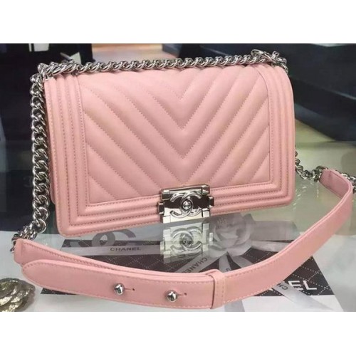 Boy Chanel Flap Bag Original Chevron Sheepskin Leather A5708 Pink