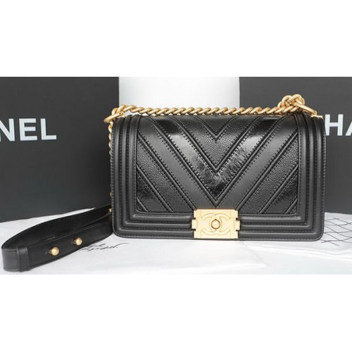 Boy Chanel Flap Bag Original Chevron Sheepskin Leather A92193 Black