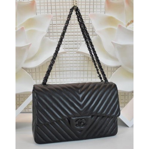 Boy Chanel Flap Bag Sheepskin Chevron Quilting A64306 Black