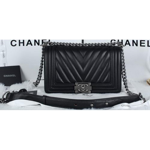 Boy Chanel Flap Bag Sheepskin Chevron Quilting A66034 Black