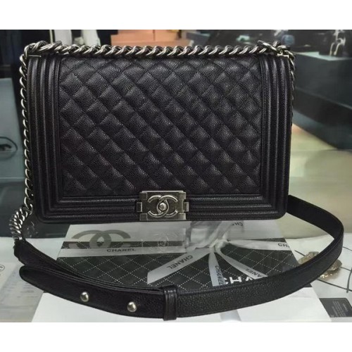 Boy Chanel Flap Bags Original Black Cannage Pattern A67088 Silver