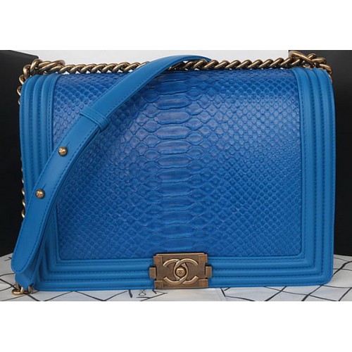 Boy Chanel Flap Shoulder Bag Blue Python Leather A67087 Gold
