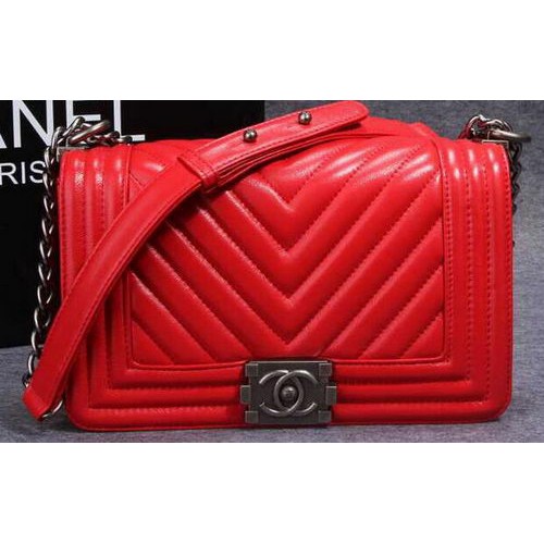 Boy Chanel Flap Shoulder Bag Herringbone Stitching CHA6817 Red