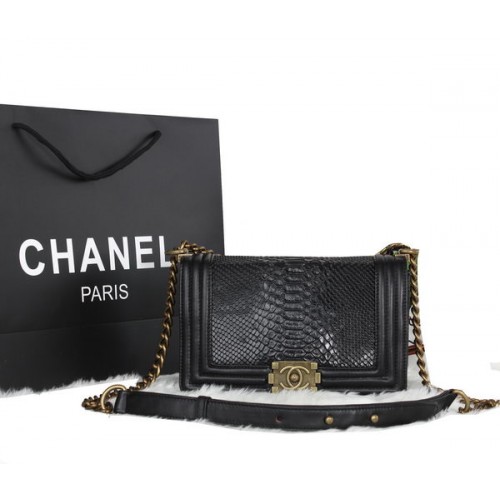 Boy Chanel Flap Shoulder Bag Python Veins Leather A25030 Black