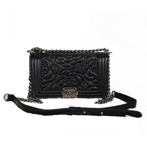Boy Chanel Flap Shoulder Bag in Camellia Sheepskin Leather A66326 Black