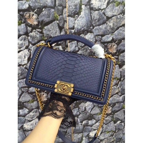 Boy Chanel Flap Shoulder Bag original Snake leather 67086 dark blue