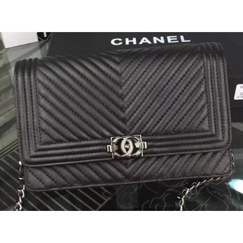 Boy Chanel WOC Flap Bag Original Chevron Sheepskin A53731 Black