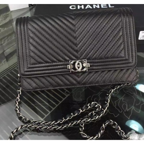 Boy Chanel WOC Flap Bag Original Chevron Sheepskin CHA4742 Black