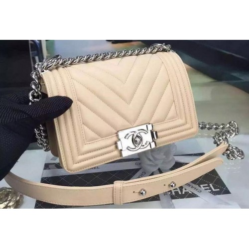 Boy Chanel mini Flap Bag Original Chevron Nubuck Leather A5707 Apricot
