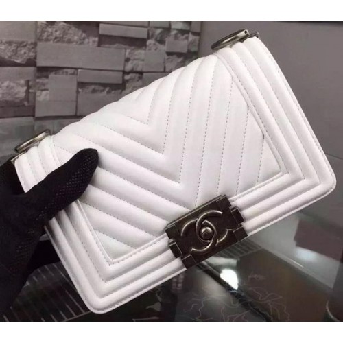 Boy Chanel mini Flap Bag Original Chevron Nubuck Leather A5707 White