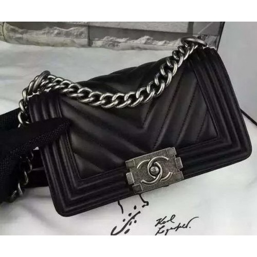 Boy Chanel mini Flap Bag Original Chevron Sheepskin Leather A5707 Black