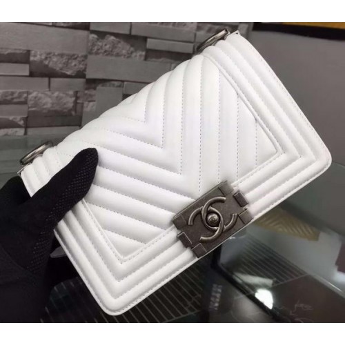 Boy Chanel mini Flap Bag Original Chevron Sheepskin Leather A5707 White