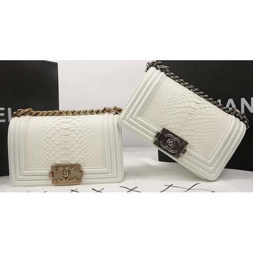 Boy Chanel mini Flap Bag Original Python Leather A67085 OffWhite