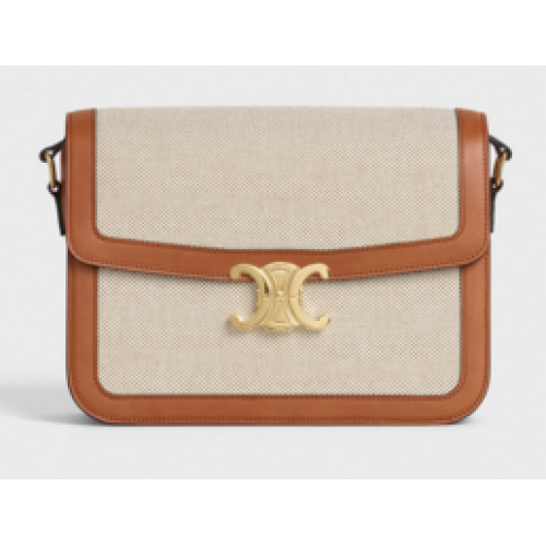 CELINE LARGE TRIOMPHE BAG IN TEXTILE AND NATURAL CALFSKIN 18887 TAN WHITE