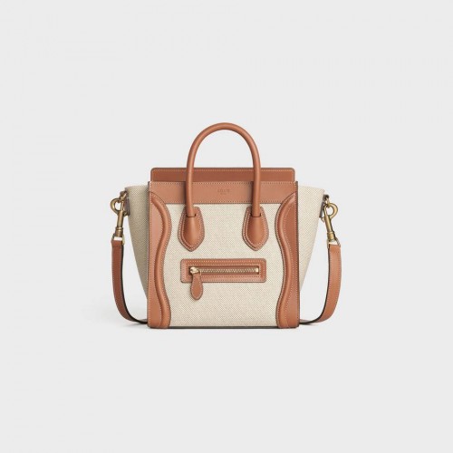 CELINE NANO LUGGAGE BAG IN FLORAL JACQUARD AND CALFSKIN 189242 TAN&WHITE
