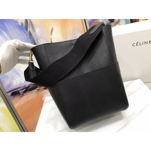 CELINE Sangle Seau Bag in Litchi Leather C3371 Black